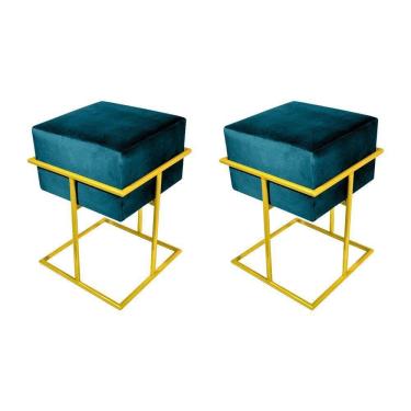 Imagem de Kit 2 Puffs Decorativos Quadrado Base De Ferro Dourada Tecido Veludo Azul