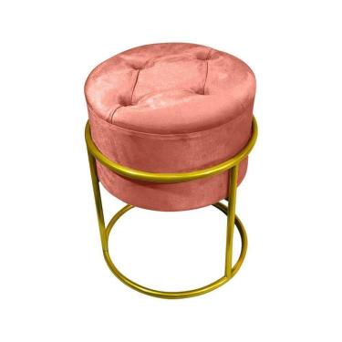 Imagem de Puff Decorativo Redondo Com Capitonê Base De Ferro Dourada Tecido Veludo Rosê Rosa