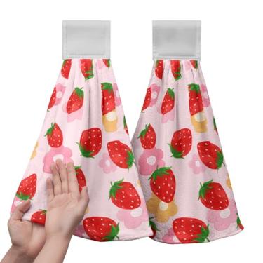 Imagem de Cneztholim Toalha de mão de morango primavera rosa vermelha fruta pendurada toalha de cozinha com laço verão morango Haning pano de prato macio absorvente para cozinha banheiro aceesories decoração