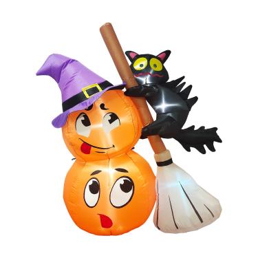 Imagem de 5FT Outdoor Halloween Infláveis Abóbora Assustadora com Abóbora com Gato Montando Vassoura LED Inflável Bonito Adereços Infláveis Com Estacas Fixas Amarras para Decoração de Festa de Jardim e type1