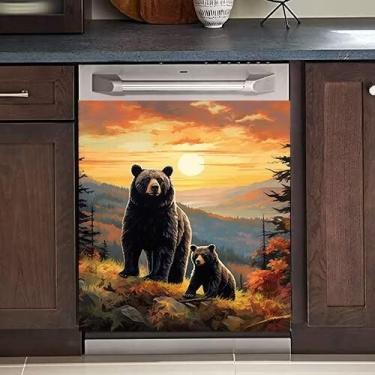 Imagem de Generic Ímã de decoração animal urso preto tampa de lava-louças, decalque de painel de geladeira de animais de fazenda para eletrodomésticos de cozinha ímã de geladeira pôr do sol 58 cm x 66 cm