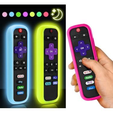 Imagem de (Pacote com 3) ONEBOM Capa para controle remoto Roku, capa para Hisense/TCL Roku TV Steaming Stick/Express capa de silicone de substituição universal pele brilha no escuro (amarelo brilhante, azul