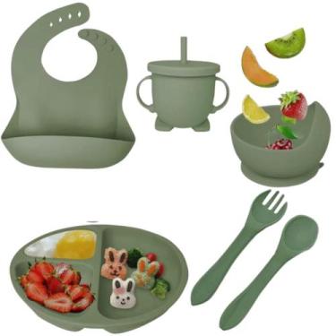 Imagem de Kit 6 Louças Refeição Bebê Silicone Colher Pratinho Babador Infantil V
