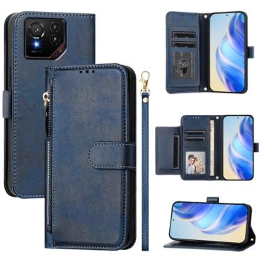 Imagem de Capa compatível com Asus ROG Phone 9, compatível com Asus ROG Phone 9 FE, compatível com Asus ROG Phone 9 Pro Flip PU couro com zíper capa carteira azul