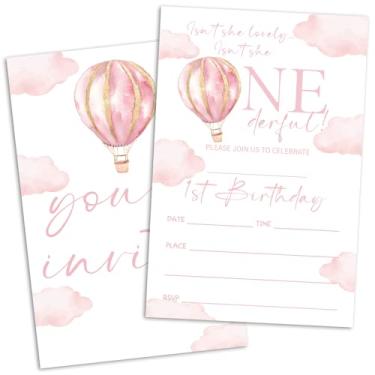 Imagem de RLCNOT Convites de 1º aniversário, balão rosa convites de festa para crianças meninas, suprimentos de celebração de festa de aniversário infantil, 20 convites de preenchimento com envelopes -003
