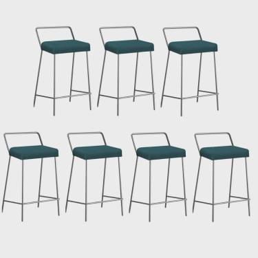 Imagem de Kit 07 Banqueta Alta Com Encosto Donna Industrial Cozinha Bistrô Ferro Cinza Suede Azul Turquesa - Ahz Móveis