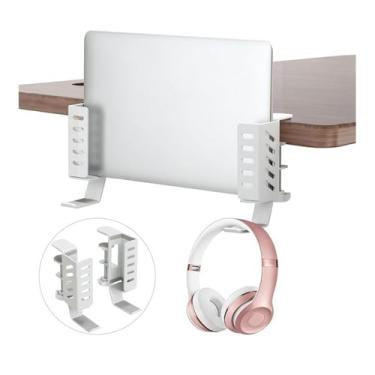 Imagem de Suporte para laptop Suporte vertical para laptop lateral de mesa, suporte de mesa de metal para laptop sem brocas com ganchos Elevador para laptop(Branco)