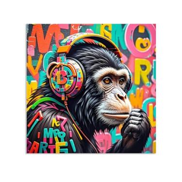 Imagem de SDYJ6GSW Arte de parede com impressão em tela de grafite Monkey Street, imagens coloridas de DJ Chimpanzé, arte em tela de animais Banksy para meninos adolescentes quarto sala de estar decoração de