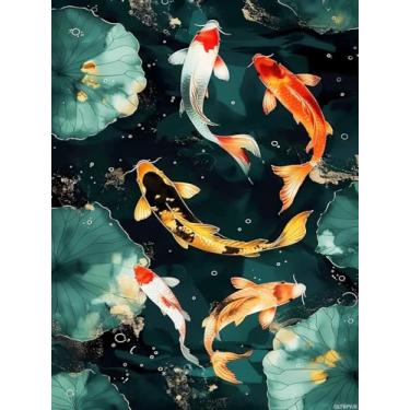 Imagem de QLTBPVJK DIY Koi Diamond Painting The Colorful Koi Paint by Numbers for Beginners, kits de arte de diamante redondo completo para decoração de quarto, decoração de sala de estar, 30 x 40 cm