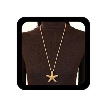 Imagem de Xduargs Boho Colar longo de veludo gargantilha grande de metal estrela do mar colar de cordão de veludo vintage colar grande estrela do mar cordão longo encerado cordão clavícula para mulheres (ouro