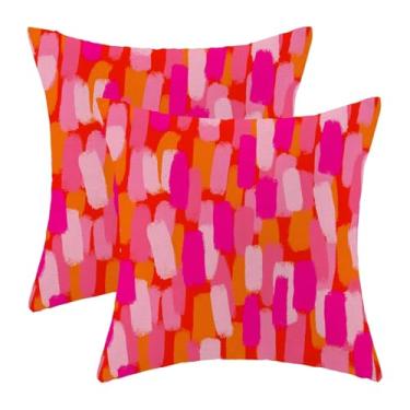 Imagem de AEIOAE Conjunto de 2 capas de almofada laranja rosa 45,7 x 45,7 cm, pincéis abstratos retrô dos anos 70, capas de almofada decorativas para ambientes externos, moderna e abstrata, estética para sofá