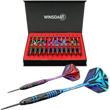 Imagem de ADKX Conjunto de 12 dardos de ponta de aço com barril de ferro antiderrapante, eixos de dardos e voos de alumínio + apontador de dardos + uma caixa de presente (Darts-G)