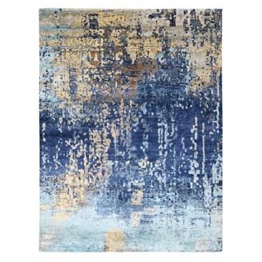 Imagem de Shahbanu Rugs Tapete oriental de lã e seda atada à mão com design de mosaico moderno azul egeu (2,5 m x 29 cm)