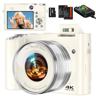 Imagem de Câmera digital, câmera vlogging de 64 MP com cartão de memória 32G, câmeras duplas frontais e traseiras, câmeras 4K com zoom digital de 16X para iniciantes (branca)