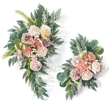 Imagem de Roahosy Ganhos de flores artificiais, placa de boas-vindas de casamento champanhe, arranjos florais de arco de rosas falsas para decoração de fundo de cerimônia de casamento e recepção