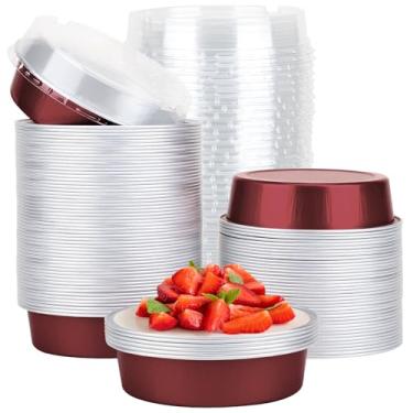 Imagem de Beasea Mini latas descartáveis com tampas, embalagem com 100, 10 cm, 207 g, 215 ml, recipiente redondo de alumínio para assar, para sobremesa, cupcake, cheesecake, ramekin, quiche - vinho tinto