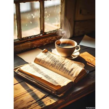 Imagem de TUTUMAY21 Coffee DIY Book and Coffee by The Window Diamond Painting, pintura por números para iniciantes, kits de arte de diamante redondo completo para decoração de quarto, decoração de banheiro 30 x
