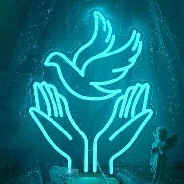 Imagem de JLEWUINH Sinal de néon pomba da paz para decoração de parede pombo voador luz néon luz de Jesus regulável letreiro de luz neon de mãos para igreja cristã festa de Páscoa clube (16,5 x 12,6 polegadas)