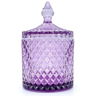 Imagem de YILUSHENGHUA Frasco de vidro colorido com tampa, travessa, potes de biscoito de doces, recipientes de biscoito buffet, armazenamento de alimentos, pote decorativo (tinta roxa)