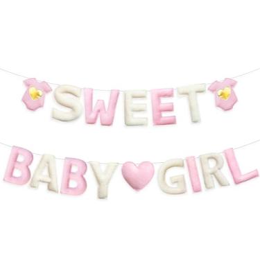 Imagem de Decorações de chá de bebê rosa pré-amarrado feito à mão sinal doce bebê menina roupas de bebê faixa de coração para menina bem-vindo casa festa berçário casa lareira manto decoração de quarto