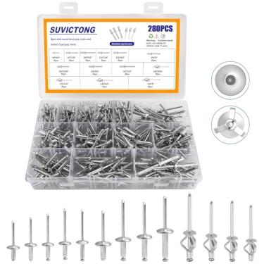 Imagem de Kit sortido de rebites pop prateados de 280 peças, rebites cegos de alumínio, (1/20.3 cm 5/81.3 cm 3/40.6 cm) 13 tamanhos, rebite pop explosivo triplo com estojo de etiqueta reforçada para barco