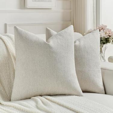 Imagem de FUTEI Capas de almofada decorativas de chenille de madeira branca natural 40,6 x 40,6 cm conjunto de 2, capa de almofada macia e aconchegante de linho sintético, decoração de casa de fazenda para sofá