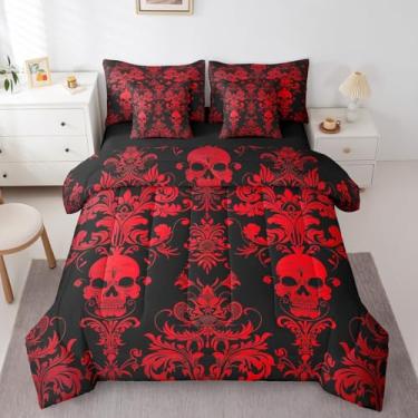 Imagem de Conjunto de edredom de damasco vermelho, 7 peças, cama king size gótica barroca em uma bolsa, vintage floral exótico, crânio de açúcar exótico, 1 edredom, 1 lençol de cima, 1 lençol com elástico, 2