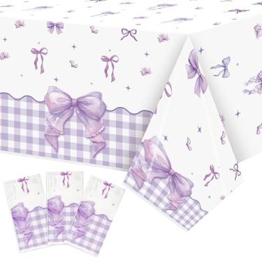 Imagem de 3 peças de toalhas de mesa de festa com laço roxo – toalha de mesa descartável de plástico retangular de coquete para crianças, meninas, mulheres, aniversário, chá de bebê