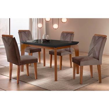 Imagem de Conjunto: Mesa de Cozinha Londrina c/ Tampo Madeirado c/ Vidro Canto Reto 120x80cm e 4 cadeiras Amsterdã Imbuia/Grafite - Suede Capuccino - Rufato