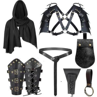 Imagem de 8 peças de fantasia masculina renascentista medieval pirata xaile bolsa cinto armadura ombro braçadeiras cinto espada bolsa cosplay acessório, Preto, One Size