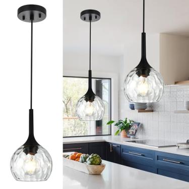 Imagem de VINLUZ Pacote Com 2 Luminárias Pendentes Clássicas Cúpula De Vidro Redondo Canelado, Lustre Suspenso Para Ilha Cozinha Acabamento Em Metal Preto Sala Jantar
