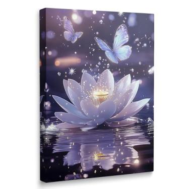 Imagem de Arte de parede em tela floral de flor de lótus roxa serena meditação zen, decoração de quarto espiritual borboleta cachoeira, decoração de quarto, flores relaxantes da vida arte pronta para pendurar