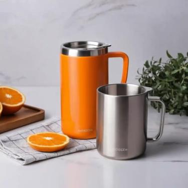 Imagem de Caneca Térmica Parede Dupla em Aço Inox Laranja 1000ml com Tampa Rosqueável - Estilo Minimalista