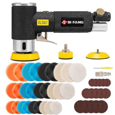Imagem de SI FANG Mini Air Sander Polidor 1/2/3 em lixadeira de ar orbital aleatória para o trabalho do corpo automático, conjunto de lixadeira de ângulo de ar com 27 peças de esponja e esponja de polimento de lã, 15 peças de lixas, SF1a000002A, Black Air Sander Kit, 1/2/3inch