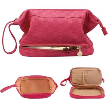 Imagem de Bolsa de maquiagem grande, bolsa de cosméticos de camada dupla, maquiagem de viagem-Tabuleiro de damas - rosa