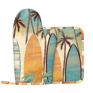 Imagem de Conjunto de 2 peças de luvas de forno e suportes de panela para prancha de surfe, luvas de cozinha antiderrapantes de silicone, almofadas quentes, luvas de forno de cozinha altamente resistentes ao