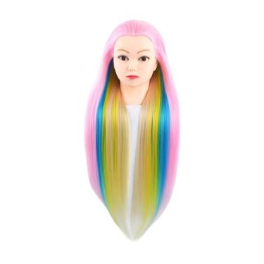 Imagem de menolana Cabeça de boneca de treinamento, cabeça de manequim para cosmetologia, cabeça de boneca longa de fibra sintética, cabelo colorido para maquiagem, Rosa arco-íris