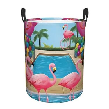 Imagem de Flamingo e piscina 1 cesto de roupa suja dobrável à prova d'água cesto de armazenamento de roupas com alças pano oxford organizador de brinquedos cesta para banheiro, lavanderia, quarto, médio