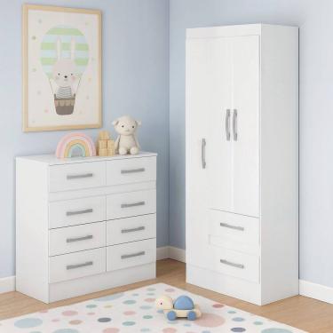Imagem de Quarto Infantil com Cômoda 8 Gavetas e Guarda-Roupa 3 Portas e 2 Gavetas Ninho Branco