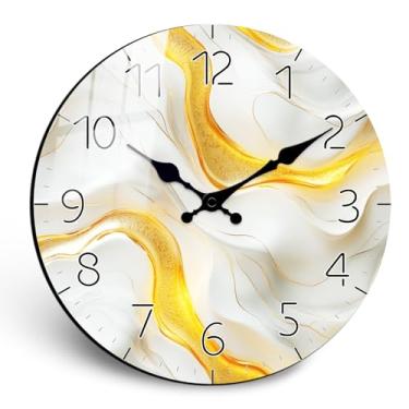 Imagem de PENGHONG Relógio de parede de madeira com textura de mármore moderno para decoração de sala de estar, relógio de parede redondo de 35 cm, sem tique-taque para escritório, casa (operado por bateria)