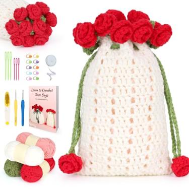 Imagem de Katech Kit de crochê para iniciantes – Bolsa de buquê de flores de crochê, kit inclui fios, ganchos, guia passo a passo, agulhas e acessórios – Presente para iniciantes de crochê para adultos e