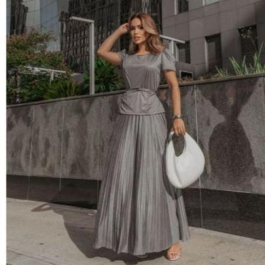 Imagem de Conjunto Blusa e Saia Longa Plissada na Malha Sued Skin moda evangélic