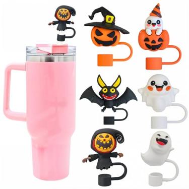 Imagem de 6 peças de cobertura de palha de silicone de Halloween para copo Stanley, tampa de palha reutilizável à prova de poeira de 10 mm para copo de 30/1,134 g com alça, presente festivo de Halloween para