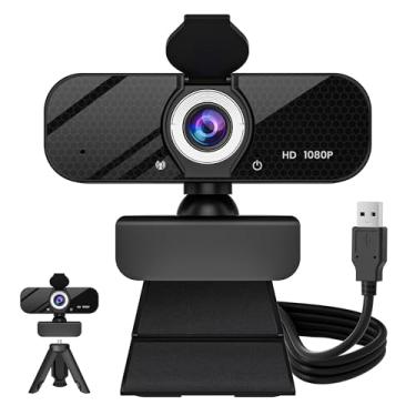Imagem de GOZVRPU Webcam HD 1080p com microfone embutido, tripé giratório, lente grande angular, capa de privacidade, correção automática de luz, webcam USB -A Plug & Play para laptop, desktop, PC, transmissão