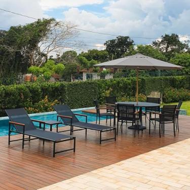 Imagem de Kit Amélia Completo Mesa 1,40m Ripada Alumínio + Cadeiras e Espreguiçadeiras Piscina (Bege)