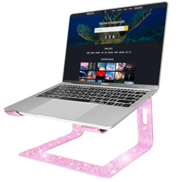 Imagem de Leuhiove Suporte de laptop de alumínio brilhante, ergonômico com glitter para mesa com strass, suporte destacável para notebook compatível com laptops Air, Pro, Dell, HP, de 10 a 15,6 polegadas (rosa)