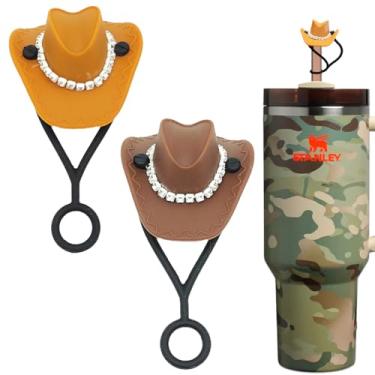 Imagem de Amreich Chapéu de cowboy com strass para Stanley Cup 850.5 g/1,134.0 g - Capas de palha cinza e marrom serve para canudos de 10 mm/0,4 pol. 2 peças Stanley Cup Accessories