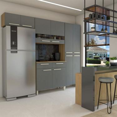 Imagem de Armário de Cozinha com Balcão Império 10 Portas 2 Gavetas com Vidro Freijó/Gris - Panorama Móveis