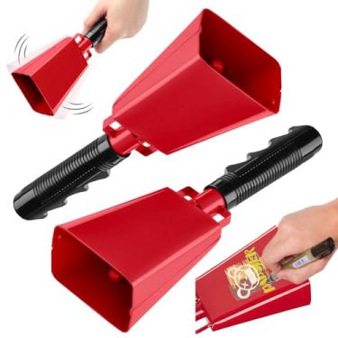 Imagem de Pacote com 2 sinos de vaca de aço de 20 cm com alças, sininho de sino grande de aço com alças para eventos esportivos, jogos de futebol, shows, formatura escolar, festa (vermelho)