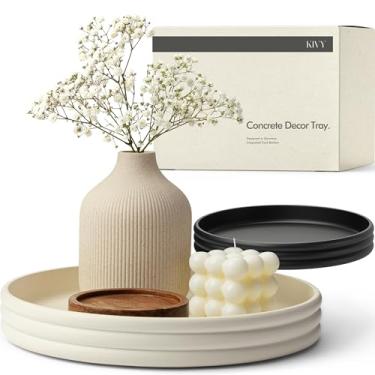 Imagem de KIVY Bandeja decorativa redonda de concreto 28 x 3,8 cm - bandeja de mesa de centro moderna - tigela plana para decoração de casa para sala de estar e quarto - Bandejas decorativas - centro de mesa de